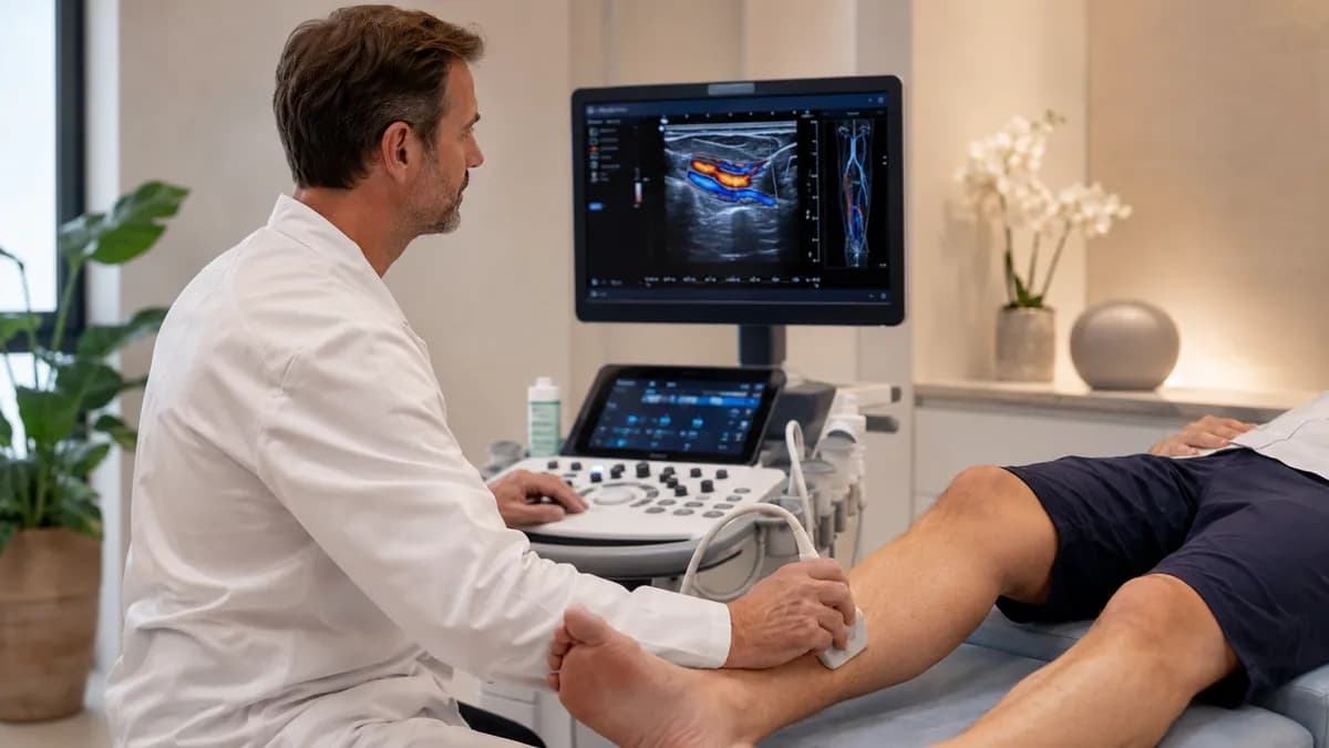 Échodoppler vasculaire : un praticien passe la sonde d'échographie sur la jambe d'un patient allongé, le flux sanguin s'affichant en couleur à l'écran.