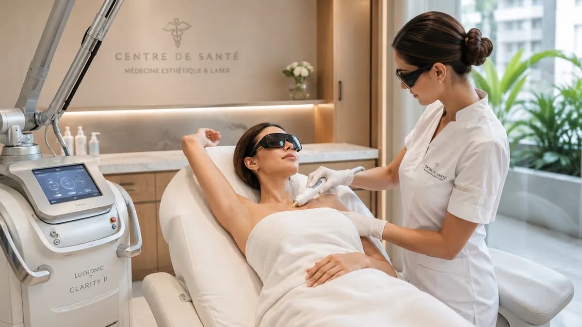 Épilation laser médicale : une praticienne équipée de lunettes de protection applique la pièce à main du laser sur l'aisselle d'une patiente, appareil laser à côté.