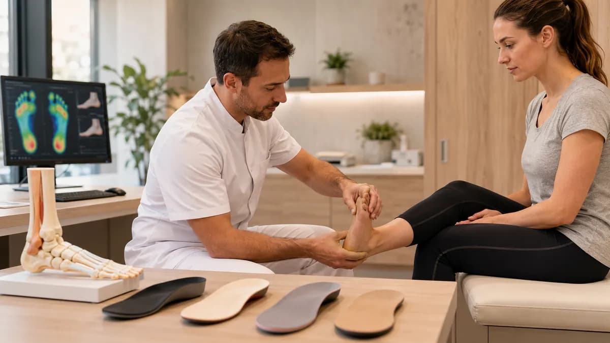 Bilan podologique : un praticien examine le pied d'une patiente, semelles orthopédiques et modèle anatomique du pied posés devant, cartographie des appuis à l'écran.